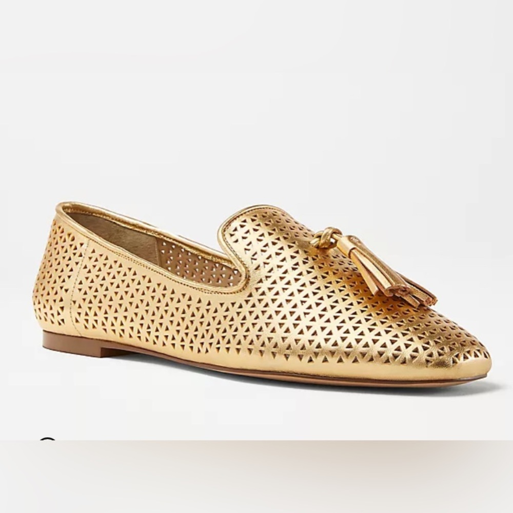 Perforated Metallic Leather Tassel Loafer Flats